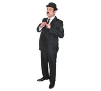 Costume de star de cinéma silencieuse pour adultes - Taille XL - Costume noir, cravate assortie, chapeau melon, sourcils noirs et moustache - Déguisement de comédien des années 30 pour homme