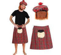 Costume de supporters écossais pour adultes - Kilt tartan rouge et chapeau Tam O'Shanter assorti avec cheveux attachés - Déguisement pour les fans de football écossais pour matchs, événements et fêtes
