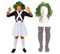 Costume de travailleur d'usine pour fille - Taille M - Jupe salopette blanche, haut marron avec perruque verte et collants rayés marron et blanc - Déguisement de personnage de livre d'histoires pour