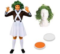 Costume de travailleur d'usine pour filles - Petite jupe salopette blanche, haut marron avec perruque verte et peinture pour le visage orange et blanc - Déguisement de personnage de livre d'histoires