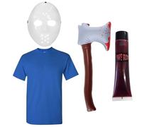Costume de tueur pour adultes - Taille M - Masque de style hockey blanc, t-shirt bleu, hache sanglante gonflable et faux sang - Déguisement d'horreur d'Halloween