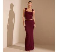 Costume de vacances d'été de bord de mer, Top à col carré extensible bordeaux unicolore et jupe assortie. Costume pour festival de musique, concert, retour à l'école, mariage en tant que demoiselle d'