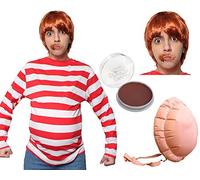 Costume de vainqueur de billet d'or gourmand pour adultes - S - T-shirt rayé rouge et blanc, perruque gingembre, maquillage marron et ventre gonflable - Déguisement pour adultes