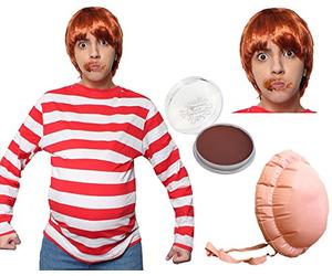 Costume de vainqueur de billet d'or gourmand pour adultes - S - T-shirt rayé rouge et blanc, perruque gingembre, maquillage marron et ventre gonflable - Déguisement pour adultes
