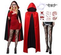 Costume de vampire d'Halloween pour homme et femme - Costume de diable d'Halloween avec capuche - Collants - Autocollant cicatrice - Noir et rouge - Double face - Cape de vampire adulte - Pour cosplay