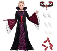 Costume de vampire médiéval pour fille, costume gothique en dentelle pour Halloween, robe de royale avec collier, dents de vampire et faux sang,costumer de reine soirée déguisée victorienne (XL)