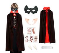 Costume de vampire pour enfant - 11 pièces - Avec cape de vampire de 90 cm, masque de chauve-souris, oreilles d'elfe - Costume d'Halloween - Gothique - Cosplay - Pour garçons et filles