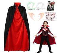 Costume de vampire pour enfant - 120 cm - Noir et rouge - Cape de vampire avec col - Cape de vampire avec dents de vampire, sang artificiel, autocollant de tatouage - Costume de Dracula pour garçons