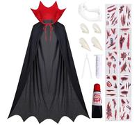 Costume de vampire pour enfants avec col gothique, cape de vampire médiévale de 80 cm pour enfants avec 3 types de dents de vampire, faux sang et kit de tatouages, costume de Dracula, fille, carnaval