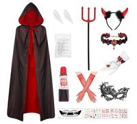 Costume de vampire pour femme - Costume d'Halloween - Cape de vampire double face avec dents de vampire, cornes de diable et baguette - Costume d'Halloween 13 pièces - Cape de diable vampire