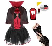 Costume de vampire pour femme - Taille L - Corsage noir et rouge, jupe en filet, cape, gants en dentelle, faux crocs, maquillage pour le visage - Déguisement de vampire pour Halloween