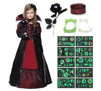 Costume de Vampire pour Filles, Deguisement Vampire Enfant avec Collier Dents Roses et Autocollants, Déguisement de Vampire Gothique Filles, Costume Royal de Vampire Deluxe Set pour Halloween-L