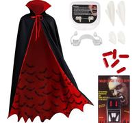 Costume de vampire pour homme, costume gothique royal de vampire 150 cm avec ourlet chauve-souris, crocs de vampir, crocs rétractables et faux sang,Halloween Dracula adulte, pour carnaval et cosplay