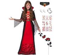 Costume de vampire royale pour filles, costume de reine de vampire avec crocs de vampire, tatouages pour Halloween, robe de vampire, robe de vampire pour Halloween, carnaval, taille M (120-130 cm)