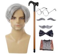 Costume de vieil - Ensemble de 8 pièces pour grand-père pour adulte, perruque, canne, lunettes, accessoires, faux sourcils, moustache, nœud papillon | Kit de déguisement complet pour grand