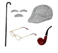 Costume de vieil homme pour enfants, accessoires de costume de grand-père avec béret, canne, bretelles, cravate, lunettes, fausse barbe, sourcils, pour Halloween, fête et cosplay