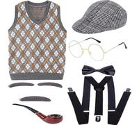 Costume de vieil homme pour enfants, costume amusant de vieil homme d'école 100 jours comprenant un chapeau, des lunettes, un gilet et plus encore, jeu rôle pour grand-père pour fête, S, grand-