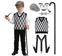 Costume de vieil homme pour enfants et garçons, 8 pièces pour grand-père - Tenue des années 1920 - Chapeau gilet et canne à cravate - Déguisement amusant pour Halloween, la journée mondiale du livre