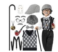 Costume de vieil homme pour petit garçon - Costume de grand-mère pour enfant - Costume de 100 ans d'école pour garçon - Avec chapeau, nœud papillon, gilet, bretelles, lunettes, sourcils, barbe, bâton