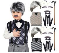 Costume de vieil homme pour petit garçon - Costume de grand-mère pour enfant - Costume de 100 ans d'école pour garçon - Avec chapeau, nœud papillon, gilet, bretelles, lunettes, sourcils, barbe, bâton