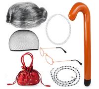 Costume de vieille dame Yewong : perruque de grand-m re, lunettes, bonnets, collier de perles, cha ne en verre, canne gonflable, sac main (gris)