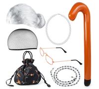 Costume de vieille dame Yewong : perruque de grand-mère, lunettes, bonnets, collier de perles, chaîne en verre, canne gonflable, sac à main (blan