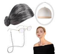 Costume de vieille femme - Lot de 5 perruques de grand-mère - Lunettes - Chaîne de perles - Bracelet - Costume de cosplay pour femme et fille