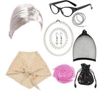 Costume de vieille femme - Perruques grises - Perles artificielles - Boucles d'oreilles et lunettes - Accessoires de jeu de rôle pour cosplay