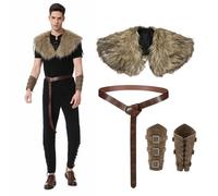 Costume de Viking 4 pièces pour adultes - Tenue viking médiévale pour homme avec châle en fausse fourrure, bracelets de protection rétro et ceinture - Déguisement de guerrier historique pour Halloween