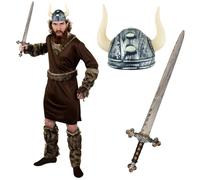 Costume de viking + casque de viking + épée médiéval de trône sauvage parfait pour la télévision, le cinéma, les fêtes costumées - Taille M