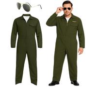 Costume de vol vert pour homme avec combinaison et lunettes Top Gun - Costume de pilote adulte pour Halloween, enterrement de vie de garçon, carnaval et événements à thème