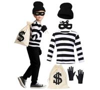 Costume de voleur 5 pièces pour enfants - Chemise rayée noire et blanche avec accessoires - Tenue d'Halloween et de costumade pour garçons et filles de 3 à 12 ans