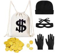 Costume de voleur de banque pour femme et homme - Costume de voleur de criminel avec inscription en or - Masque pour les yeux, sac à main, casquette, gants pour carnaval, Halloween, fête à thème
