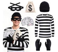 Costume de voleur de banque pour homme - 6 pièces - Avec t-shirt, chapeau, gants, masque pour les yeux, portefeuille, billets de banque, flics et voleurs - Déguisement pour Halloween et carnaval
