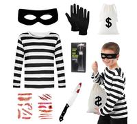 Costume de voleur d'horreur pour enfants - Tenue d'Halloween 7 pièces avec gants rayés noirs et blancs - Avec cache-œil - Autocollants de tatouage, voleur d'horreur - Costume pour Halloween, carnaval
