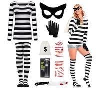 Costume de voleur d'horreur pour femmes - Tenue voleuse d'horreur pour adultes - Tenue d'Halloween 7 pièces - Haut rayé noir et blanc - Chaussettes, gants, cache-œil - Autocollants de tatouage, voleur