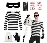 Costume de voleur d'horreur pour homme pour adultes - Tenue d'Halloween - 7 pièces - Gants rayés noirs et blancs - Avec gants pour cache-œil - Autocollants de tatouage - Déguisement de voleur