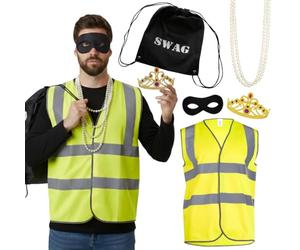 Costume de voleur du Louvre - Déguisement amusant de braquage de musée avec gilet haute visibilité, masque anti-cambrioleur, sac de voleur, collier de perles et diadème pour adultes - Taille S