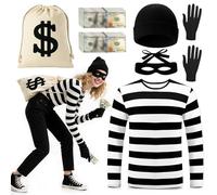 Costume de voleur pour adultes, t-shirt rayé noir et blanc avec bonnet, gants, masque pour les yeux, sac d'argent en toile, accessoires pour cosplay, Halloween, journée mondiale du livre (taille XL)