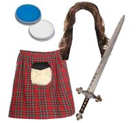 Costume de William Wallace pour adulte - Kilt tartan rouge, longue perruque marron, fausse épée, bleu et blanc - Déguisement écossais pour adultes