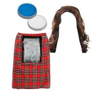 Costume de William Wallace pour adultes - Kilt tartan rouge, longue perruque marron, bleu et blanc - Déguisement de nuit écossaise brûlée