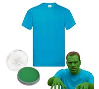 Costume de zombie pour adulte - Taille XL - Chemise bleu azur avec peinture verte pour visage et corps - Déguisement de joueur pour Halloween, cosplay et fêtes à thème - Tenue de jeu vidéo inspirée du