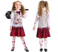 Costume de zombie pour enfants avec chaussettes de zombie & accessoires de marteau de météorite,d'Halloween pour enfants filles Effrayant sanglant Zombie Cheerleader Costume d'horreur fête d'écolière