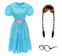 Costume d'écolière geek pour adultes - Perruque tressée marron, lunettes circulaires geek et robe bleue | Déguisement rétro Nerd pour Halloween, cosplay et fêtes sur le thème des années 90