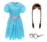 Costume d'écolière geek pour enfant - Perruque tressée marron, lunettes circulaires geek et robe bleue - Déguisement rétro Nerd pour Halloween, cosplay et fêtes sur le thème des années 90
