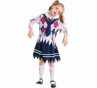 Costume d'écolière zombie effrayant pour enfants avec jupe sanglante pour filles, pour Halloween, cosplay, jeu de rôle (bleu, 10 à 12 ans)