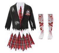 Costume d'écolière zombie pour enfant et collants sanglants - Taille M - Blazer noir avec chemise blanche, cravate écossaise, jupe tartan et collants tachés de sang - Parfait pour Halloween et