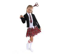 Costume d'écolière zombie pour enfants - Taille L - Uniforme scolaire taché de sang noir et tartan et ciseaux sur bandeau - Déguisement d'Halloween effrayant pour filles