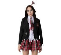 Costume d'écolière zombie pour femme - Taille L - Uniforme scolaire taché de sang noir et tartan avec ciseaux sur bandeau - Déguisement d'Halloween effrayant pour filles