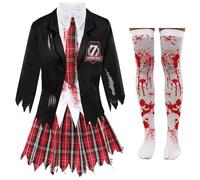 Costume d'écolière zombie pour femme - Uniforme d'école taché de sang noir et tartan avec bords en lambeaux - Déguisement d'Halloween pour adultes